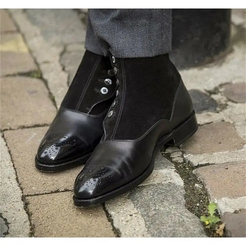 

New men fashion trend British gentleman dress shoes handmade black PU stitching Faux suede classic button ankle boots KU254