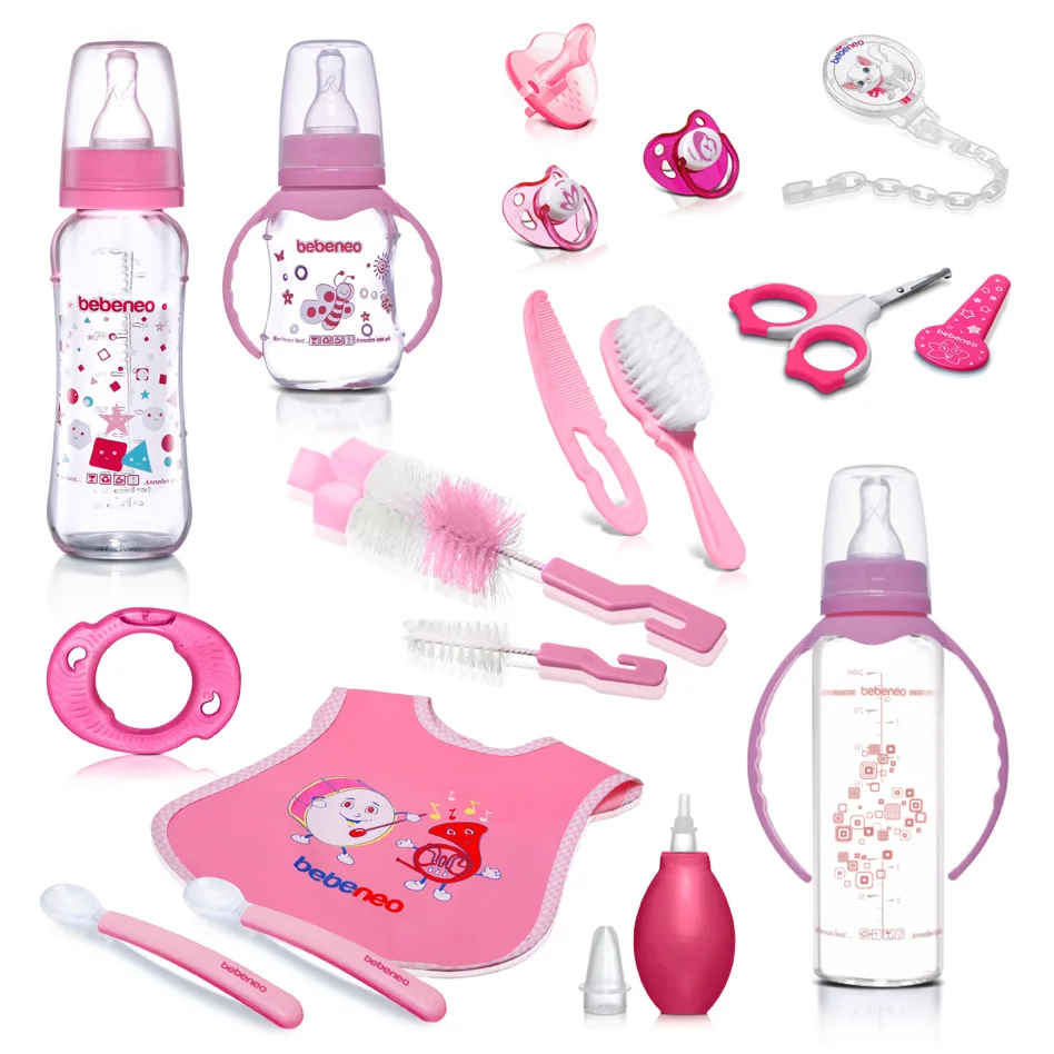 Mega Glass Bottle Set, bib silicone spoon soother nasal aspiratör brush and comb water teether baby scissors baby gift mega set