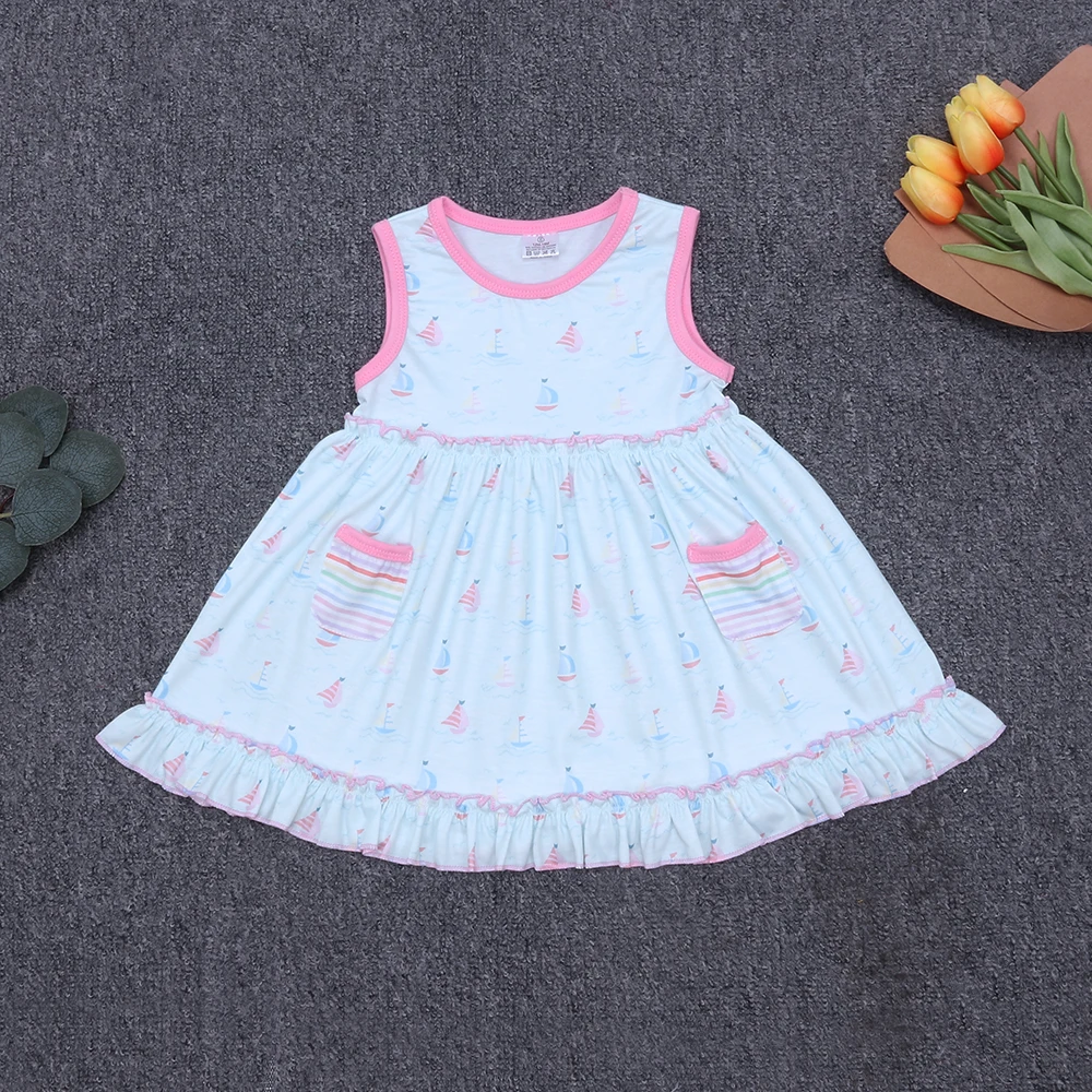 

One Piece Cotton Clothes Summer New Style Colorful Striped Pocket Dress Pretty Sailboat Pattern White Jumpsuit Romper For Girls