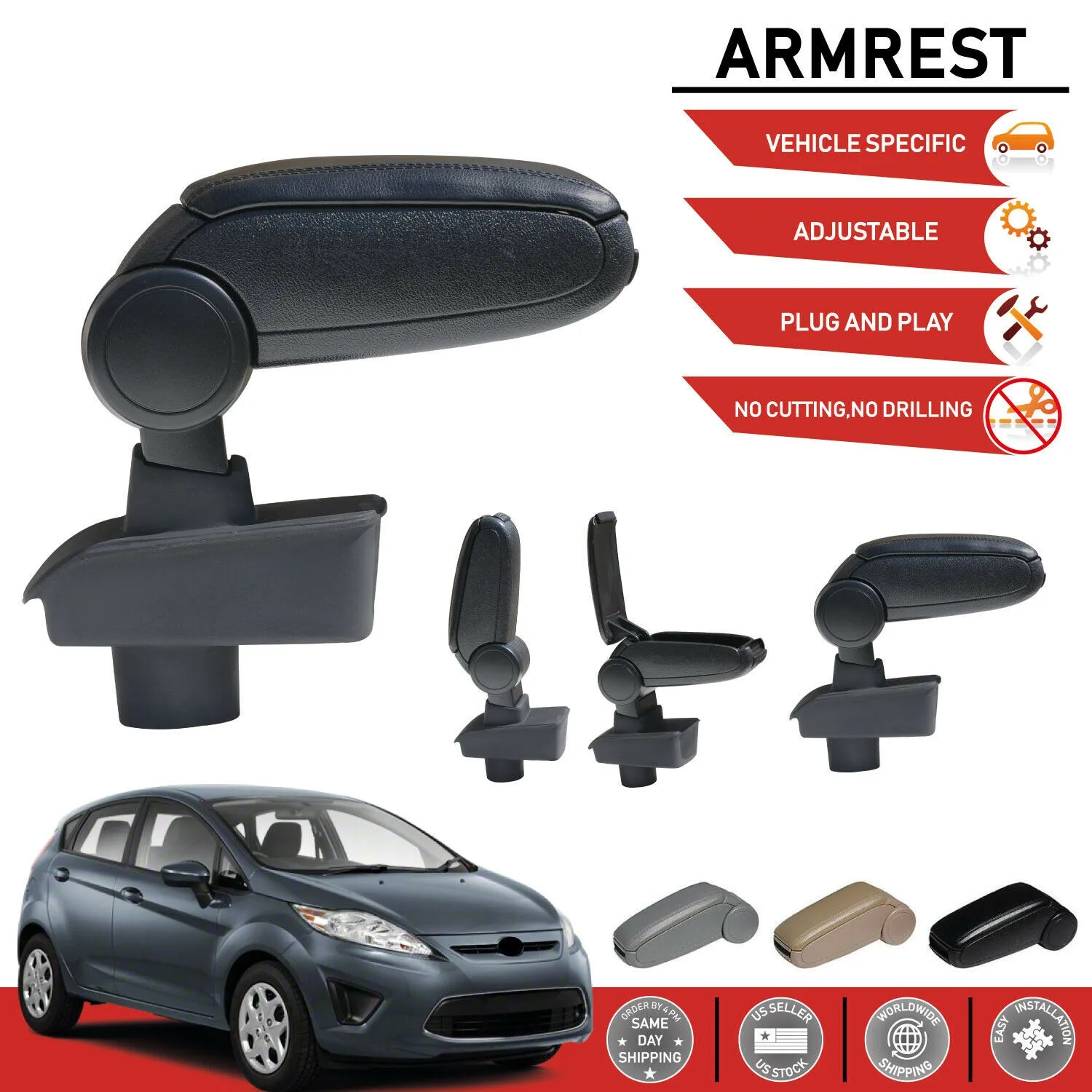 

For Ford Fiesta 2009 - 2017 Black Leather Armrest Center Console Storage Box NO CUTTING, NO DRILLING