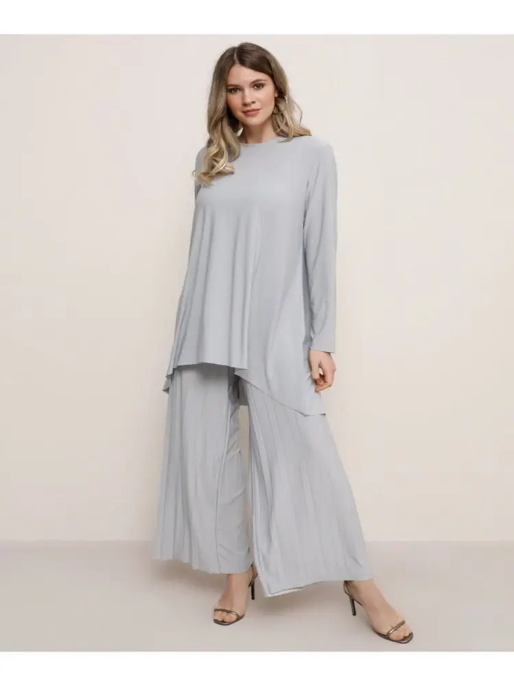 

Plus Size Tunic & Trousers Double Suit Casual High Waist Wide Leg 2 Piece Muslim Women Sets Hijab Fashion 2021 Autumn Winter