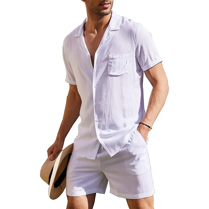 2022 New men's thin linen suit summer Chinese loose large cotton and linen 2 pieces / suit short sleeve trousers 2 pieces set