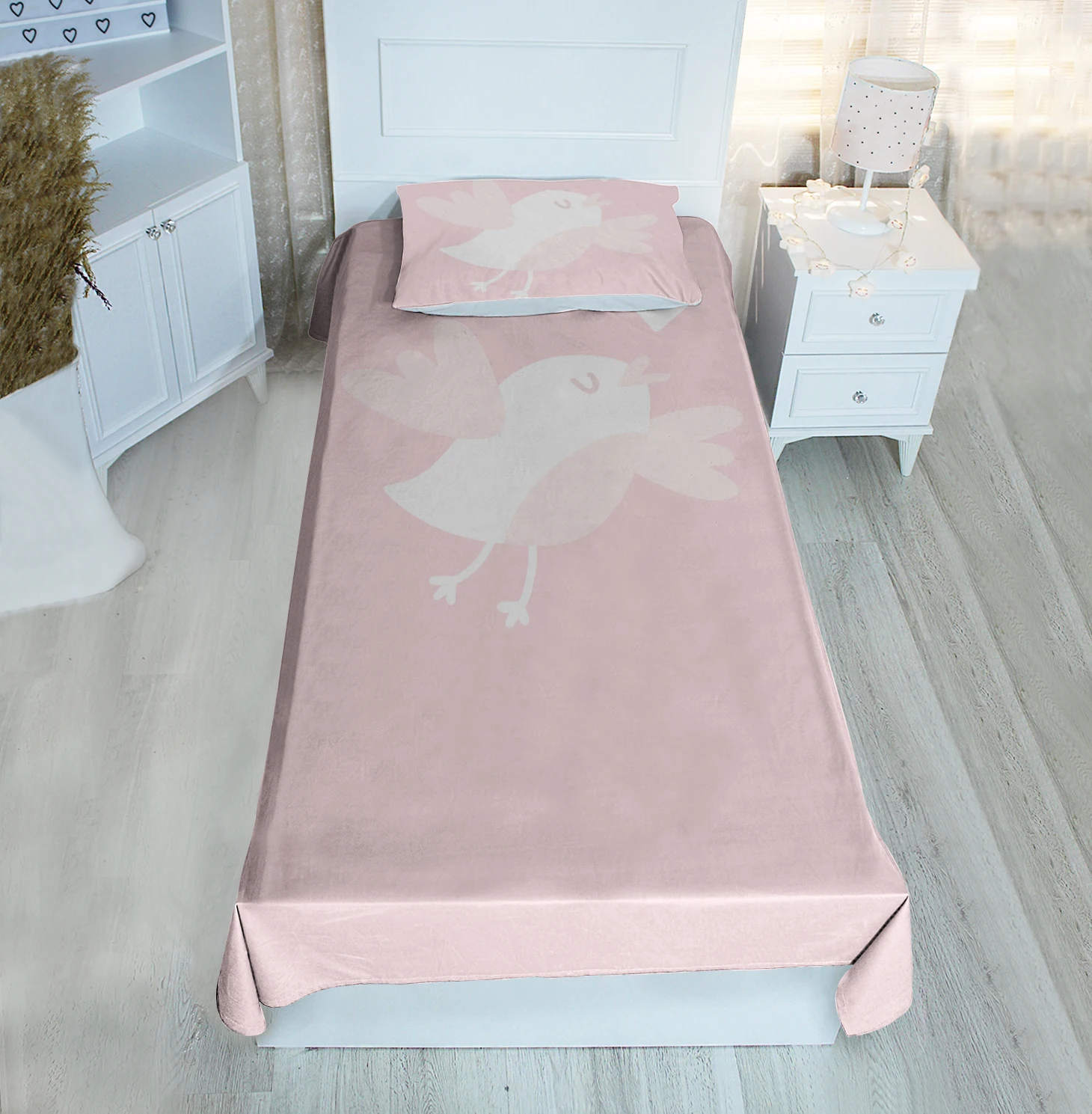 

Pink single bed cover pink white bird animal patterned velvet fabric Free Shipping quality product kids room decoration