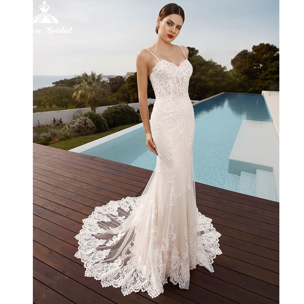

Очаровательные свадебные платья-русалки 2022 Свадебные платья без рукавов с открытой спиной на тонких бретельках сердечком длиной до пола кр...