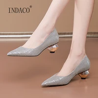 2021spring shoes women pointed toe mid heels 4 5cm sheepskin fashion single shoes shallow mouth party pumps