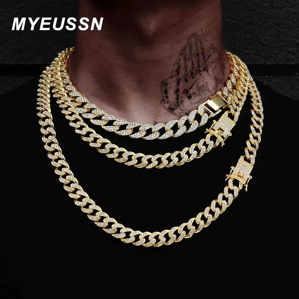 

Miami Curb Cuban Chain Necklace Woman 16mm Gold Color Iced Out Paved Rhinestones Rapper Cuban Link Necklaces Men HipHop Jewelry