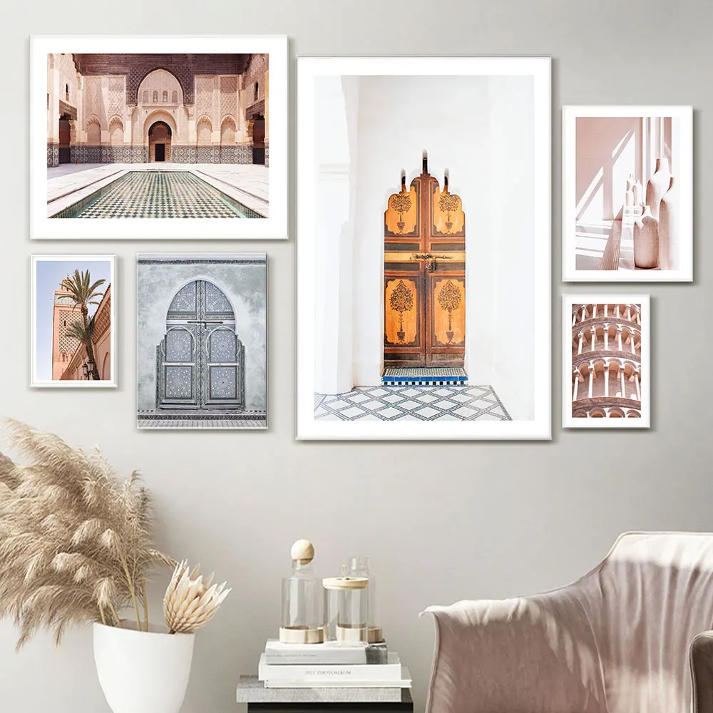 

Moroccan Door Art Poster Pink Vases Wall Art Painting Marrakech Mosque Building Canvas Print Nordic Posters Living Room Decor