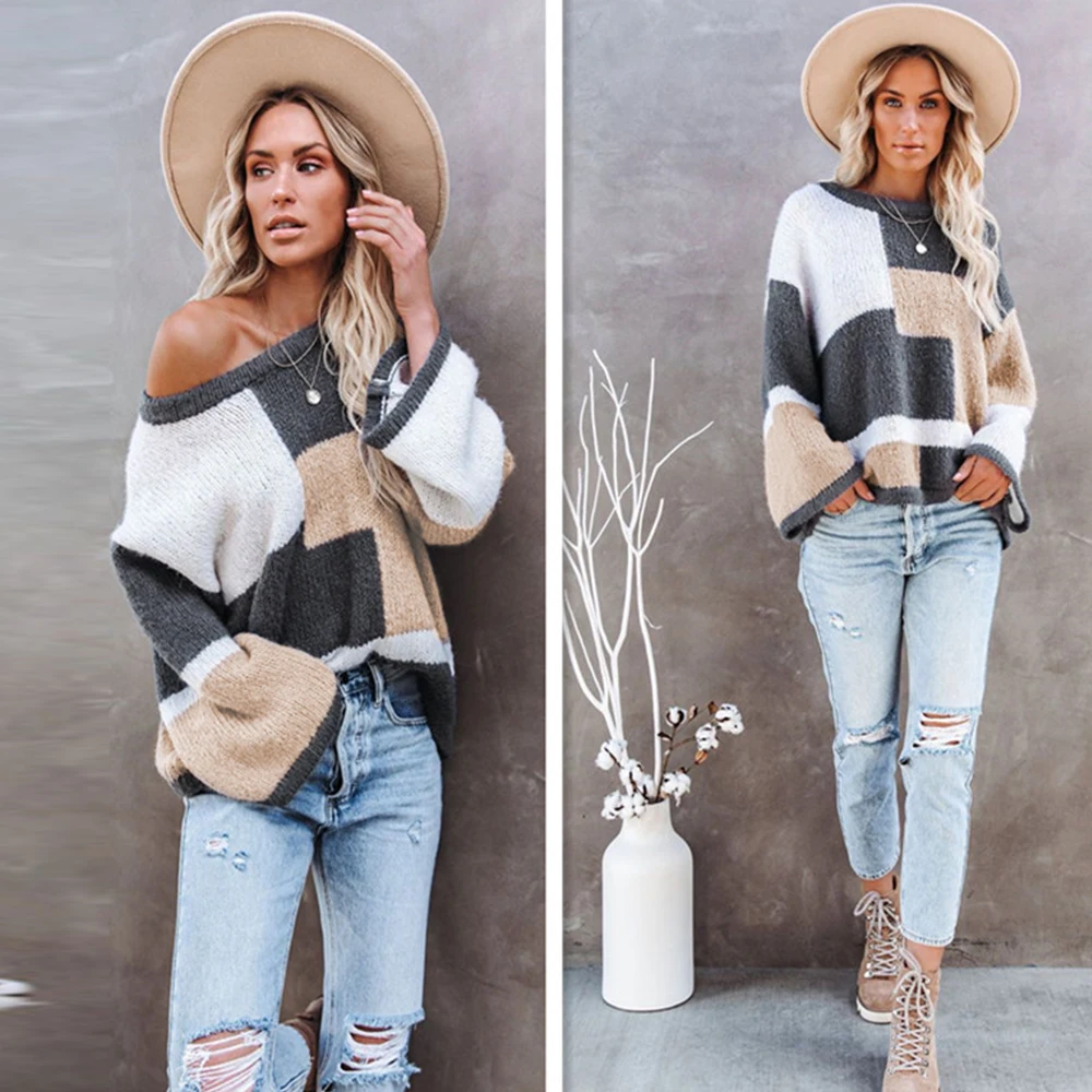 

New Women's Autumn Fashion Round Neck Stitching Sweater Loose Casual Off-Shoulder Knitted Sweater Long-Sleeved Pullover Top