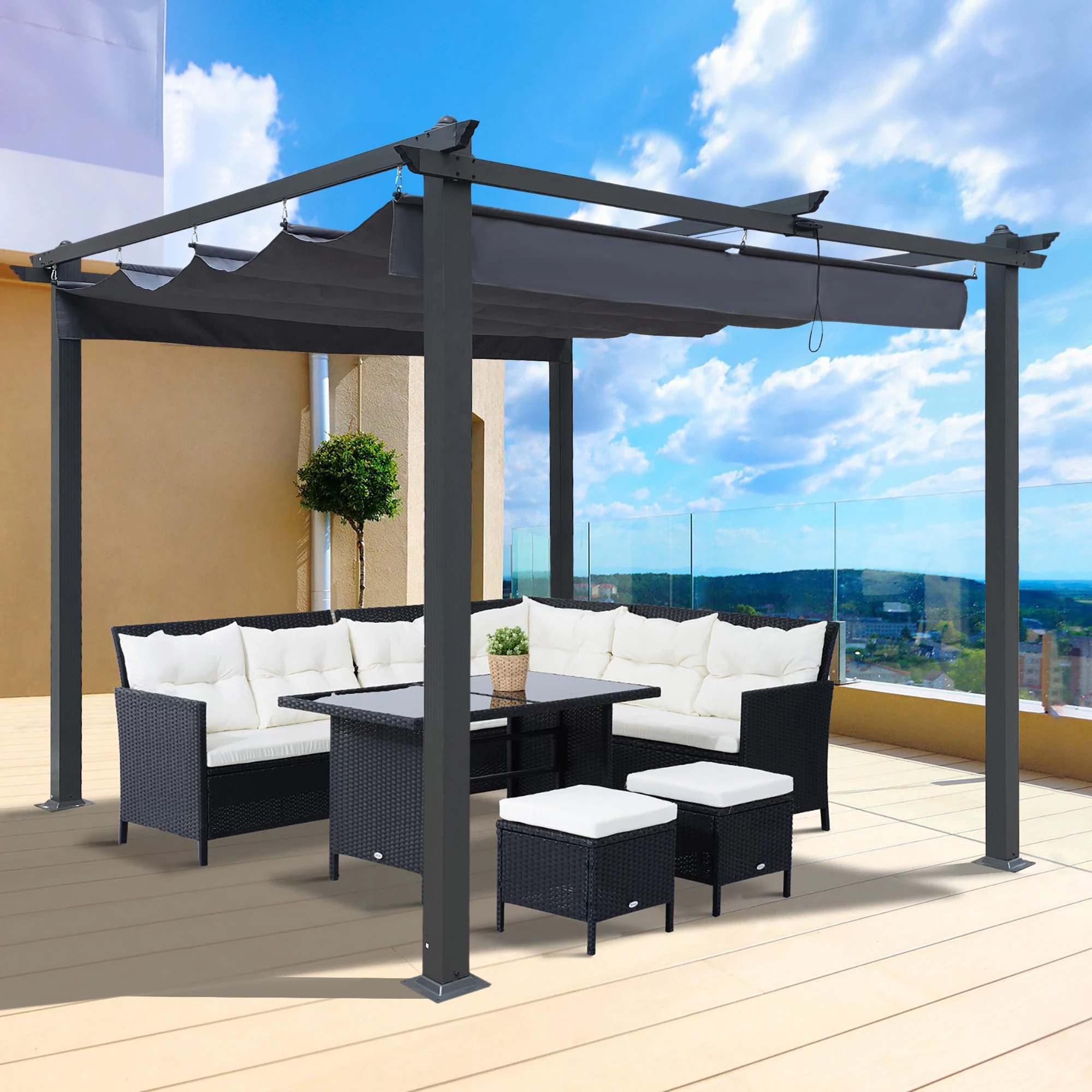 10x9 Ft Outdoor Patio Retractable Pergola With Canopy Sunshe
