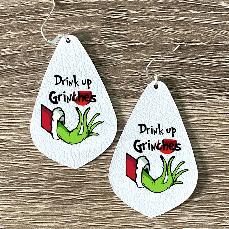

Faux Leather New Style Grinch Face Teardrop Earrings Stock Bulk Wholesale