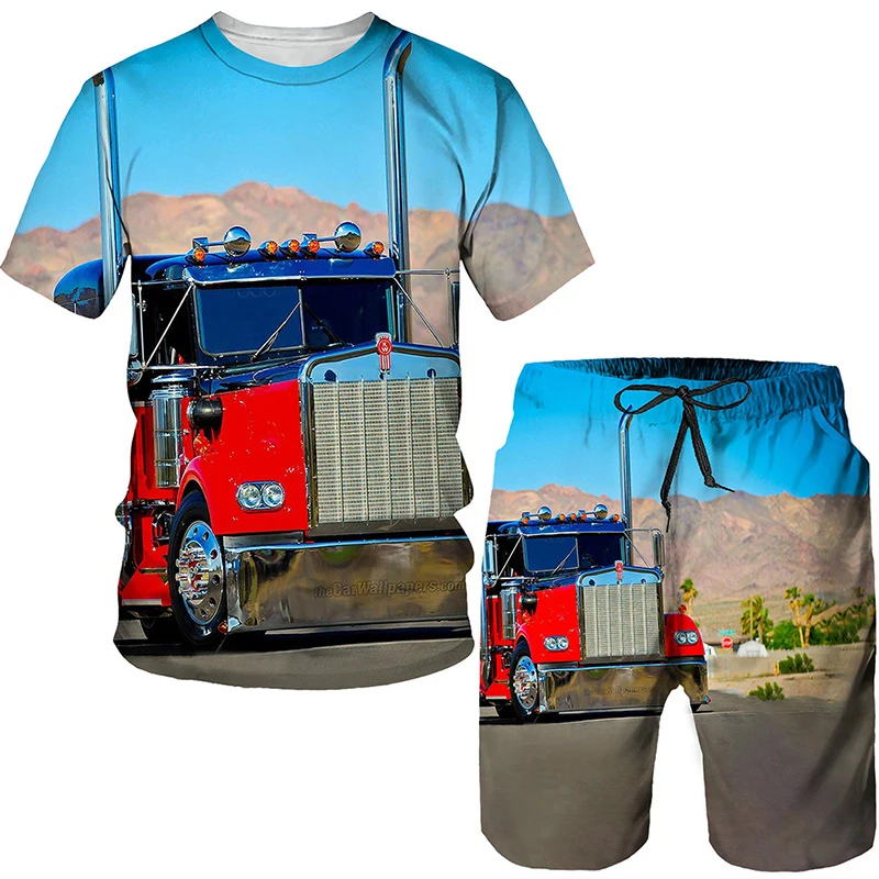 

Large Truck 3D Printing T-shirt Shorts Sportswear Two-piece Fashion Casual Quick-drying Plus Size Summer Short-sleeved Top