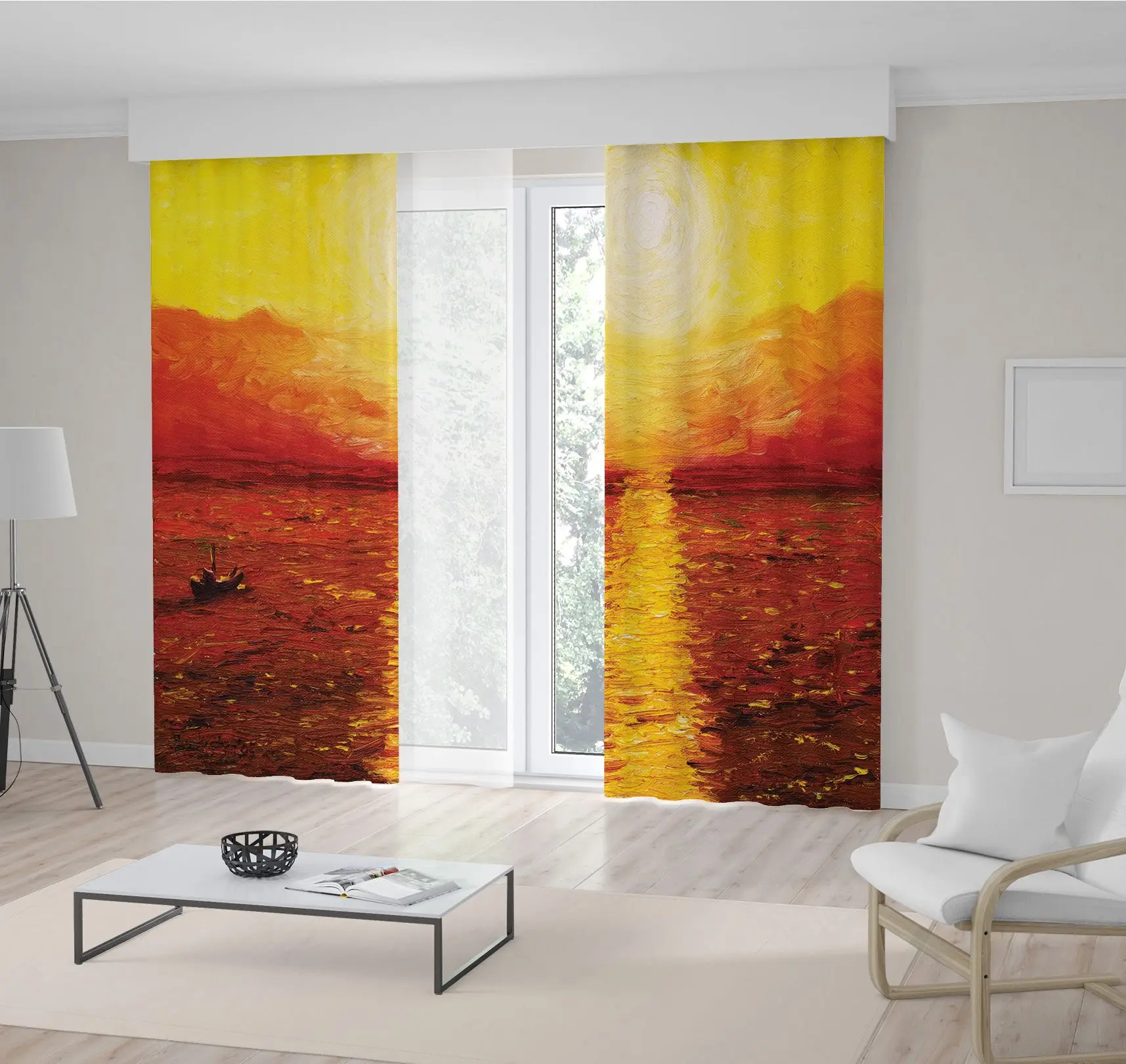 

Curtain Sunset over the Sea Sailing Boat Peaceful Scene in Orange and Yellow Nature Waterscape Oil Painting Printed