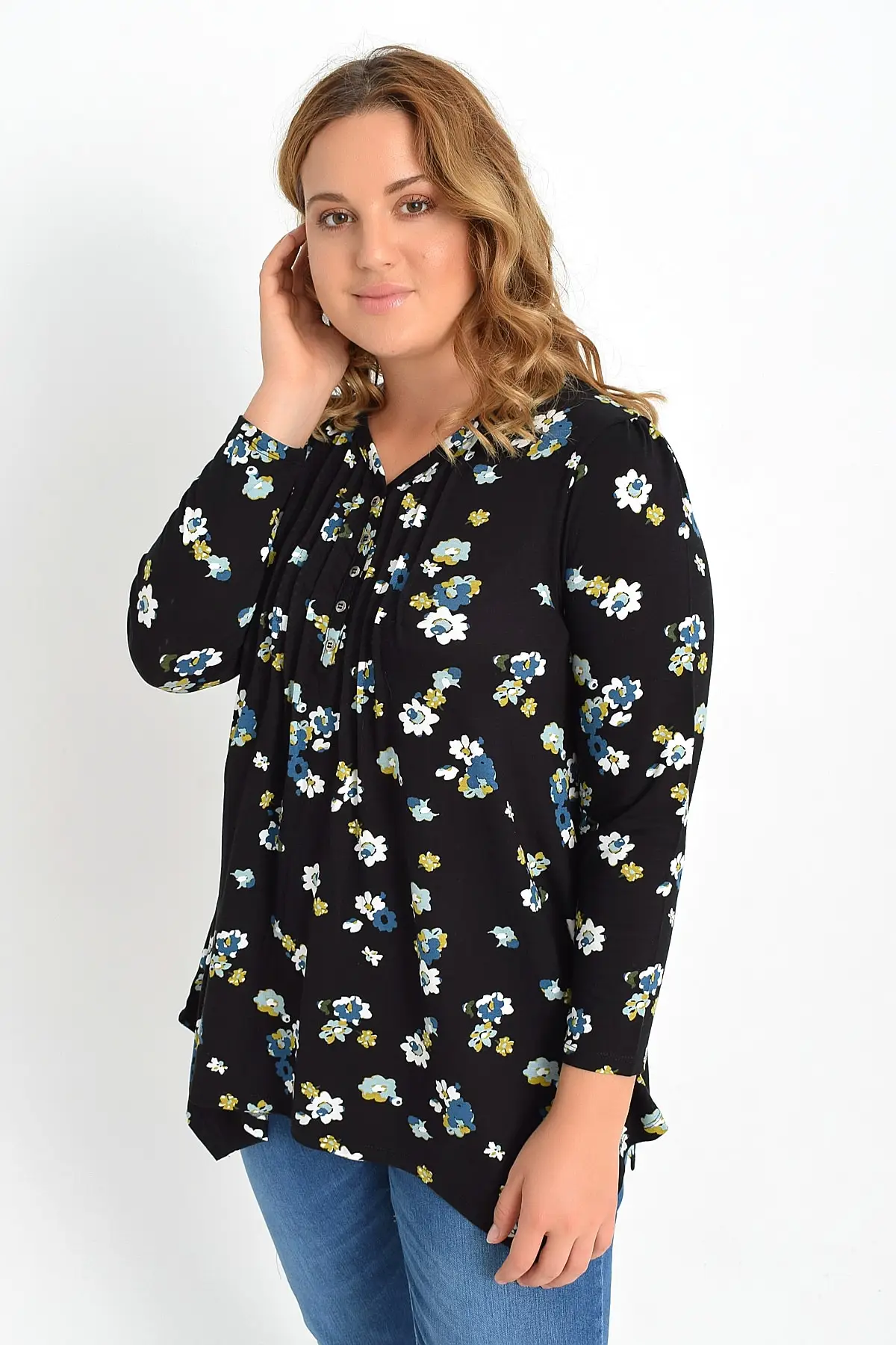 Большая Свободная Женская Черная блуза с v-образным вырезом на пуговицах и