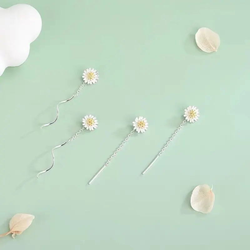 

Jazaz 925 Sterling Silver Daisy Threader Earrings Cute Flower Pull Through Long Drop Earrings for Women Fine Jewelry D001150