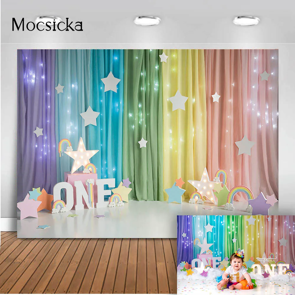 

1st birthday colorful rainbow cake smash photography backdrop kids portrait newborn photographic background colorful curtain