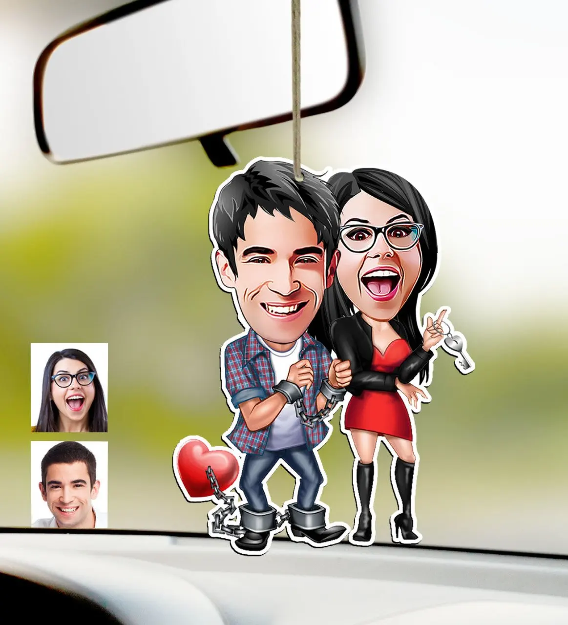 

Personalized Valentine Caricature Of Wood Car Rearview Mirror Süsü-1