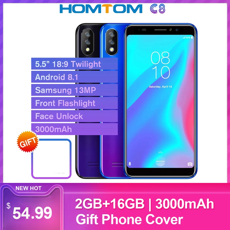 HOMTOM C8 5,5 дюймов 18:9 полный Дисплей Android 8,1 2 ГБ+ 16 Гб 13MP 3000 мА/ч, отпечаток лица разблокирован смартфон 4G