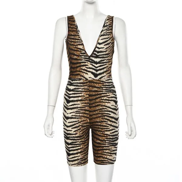 Стильный короткий комбинезон с v образным вырезом и принтом тигра|Боди| |