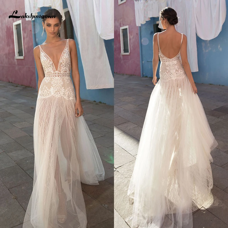 

Sexy Country A-Line Wedding Dresses V-Neck Tulle Lace Side Slit Bridal Gowns Beach Boho vestido de novia Sheer Backless Summer