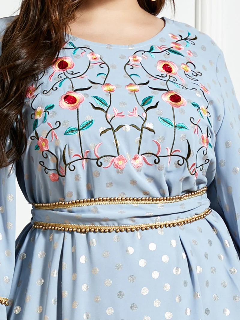 

Plus Size Women Long Sleeve Dot Printing Muslim Embroidery One Piece Dress