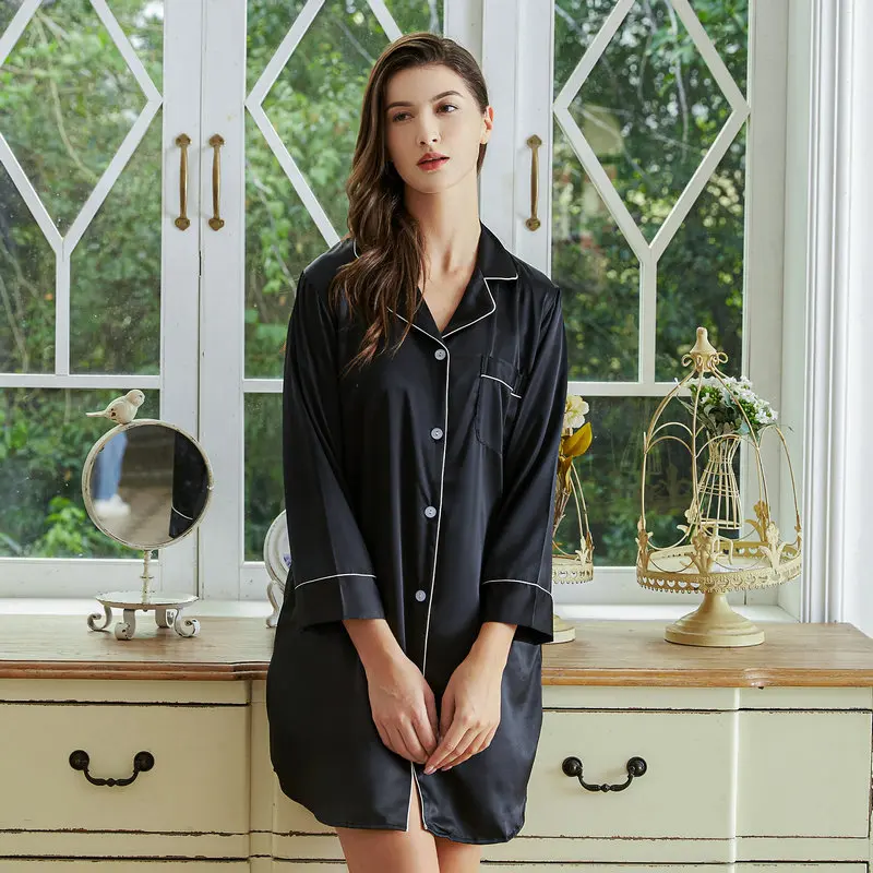 Satin Silk Long Sleeve Pajamas Shirt Dress Bridesmaid Night Shirt For Bridal Gifts House Robe for Women Silk Robe