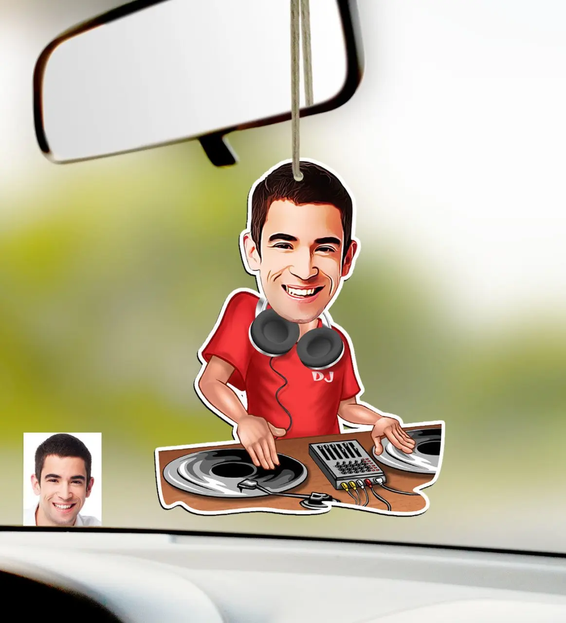 

Personalized Mr DJ Caricature Of Wood Car Rearview Mirror ornament