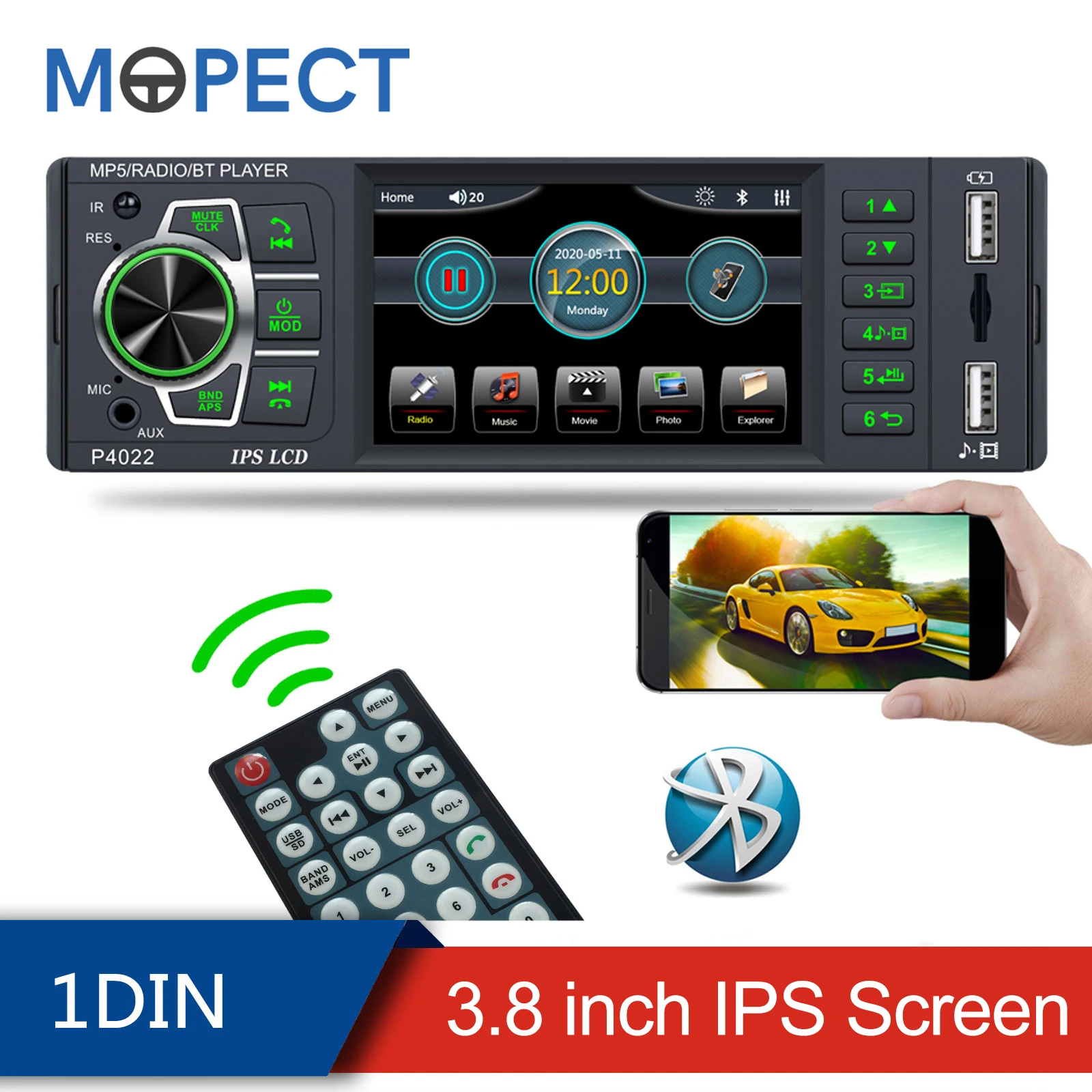 Автомагнитола MOPECT 1 din с Bluetooth стереоприемником 3 8 дюймовым IPS-экраном MP5