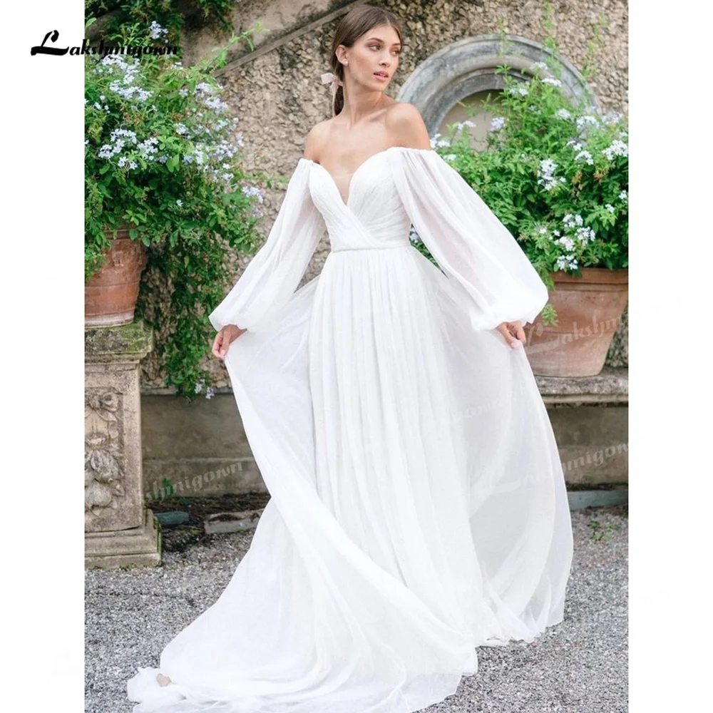 

Boho Chiffon A-Line Wedding Dresses Off The Shoulder Neck Puff Long Sleeve Open Back Court Train Bride Gown Pleat Elegant Ruched