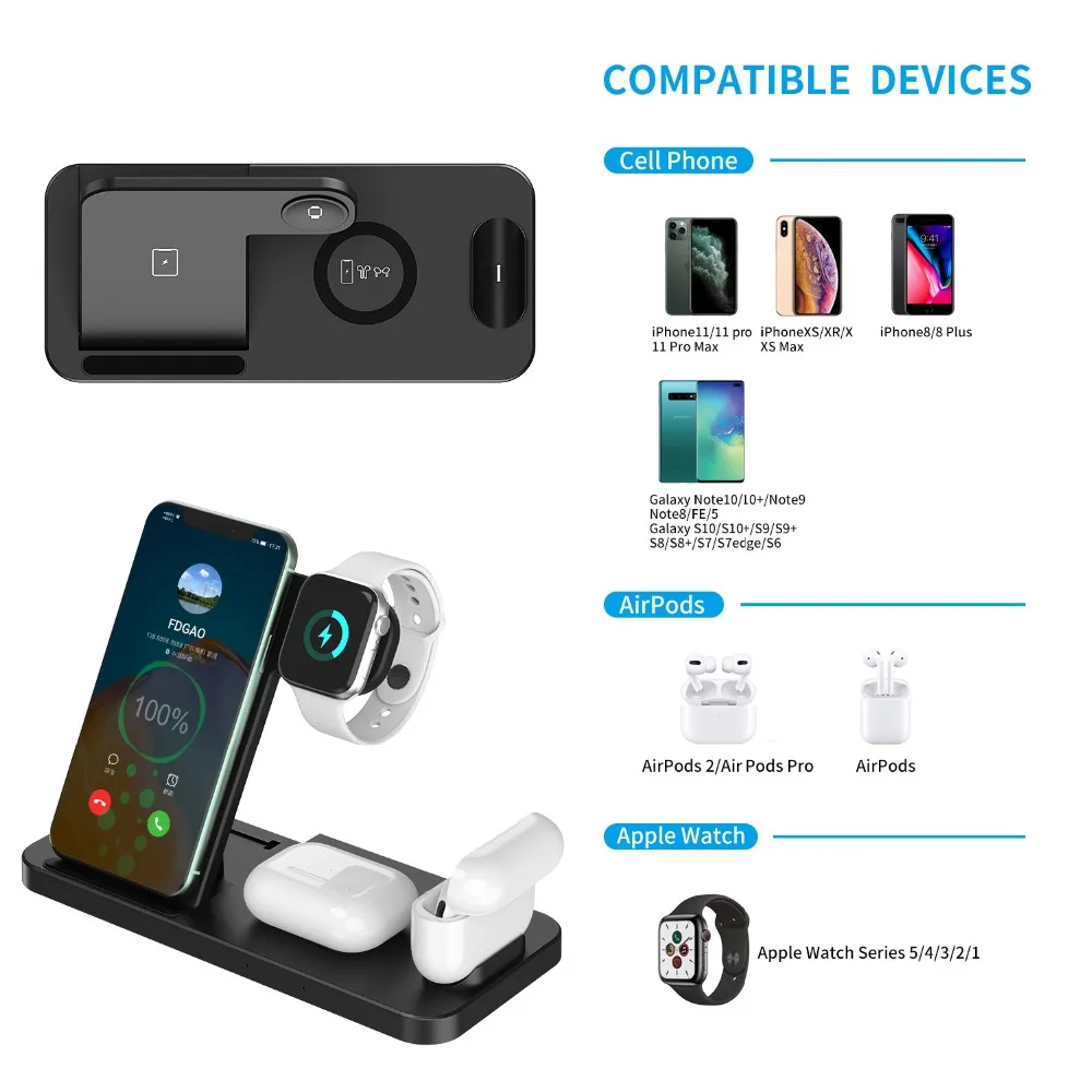 Soporte de cargador inal&aacute;mbrico r&aacute;pido Qi de 18W para iPhone 11, XR, X, 8, Apple Watch, 4 en 1, estaci&oacute;n de carga plegable para Airpods Pro, iWatch-1