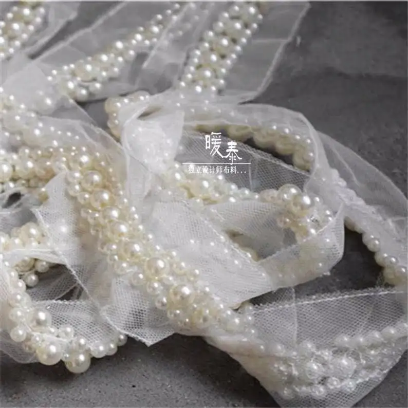 

1 yard Pearl Beaded Lace Trim Vintage Mesh Fabric Paillette Lace Beaded Pearl Trim Braid Lace Applique