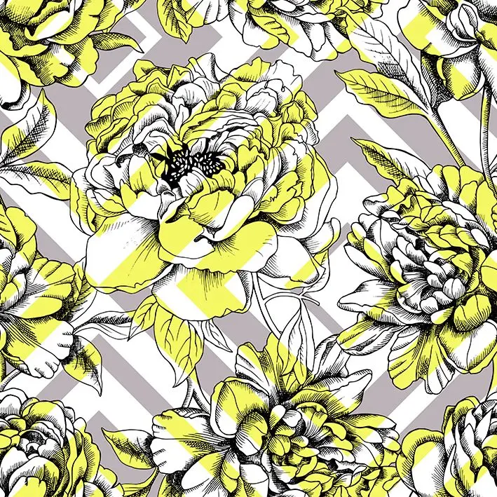 

Curtain Peony Flowers and Squares Geometric Pattern Blossom Decorative Illustration Yellow Gray Black