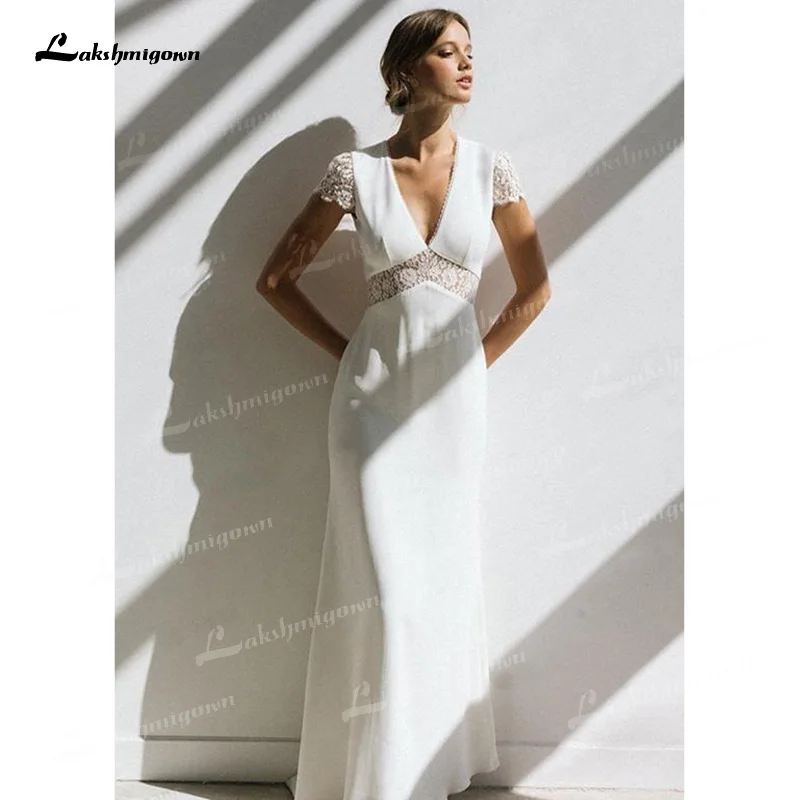 

Шифоновое кружевное свадебное платье-футляр с V-образным вырезом и короткими рукавами-крылышками