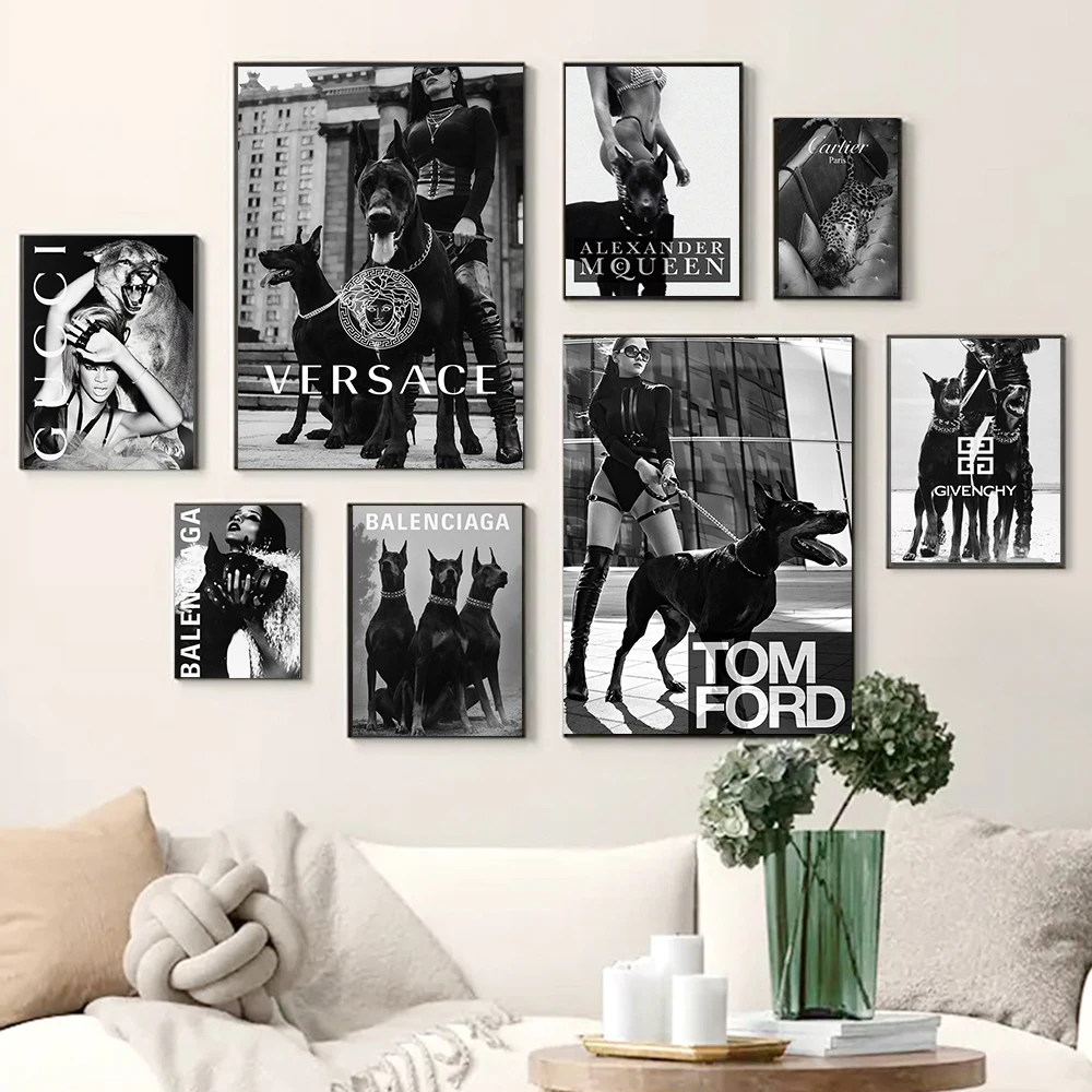 

Luxury Fashion Dog Leopard Black and White Photography Nordic Poster Canvas Painting Modern Wall Picture Living Room Home Decor