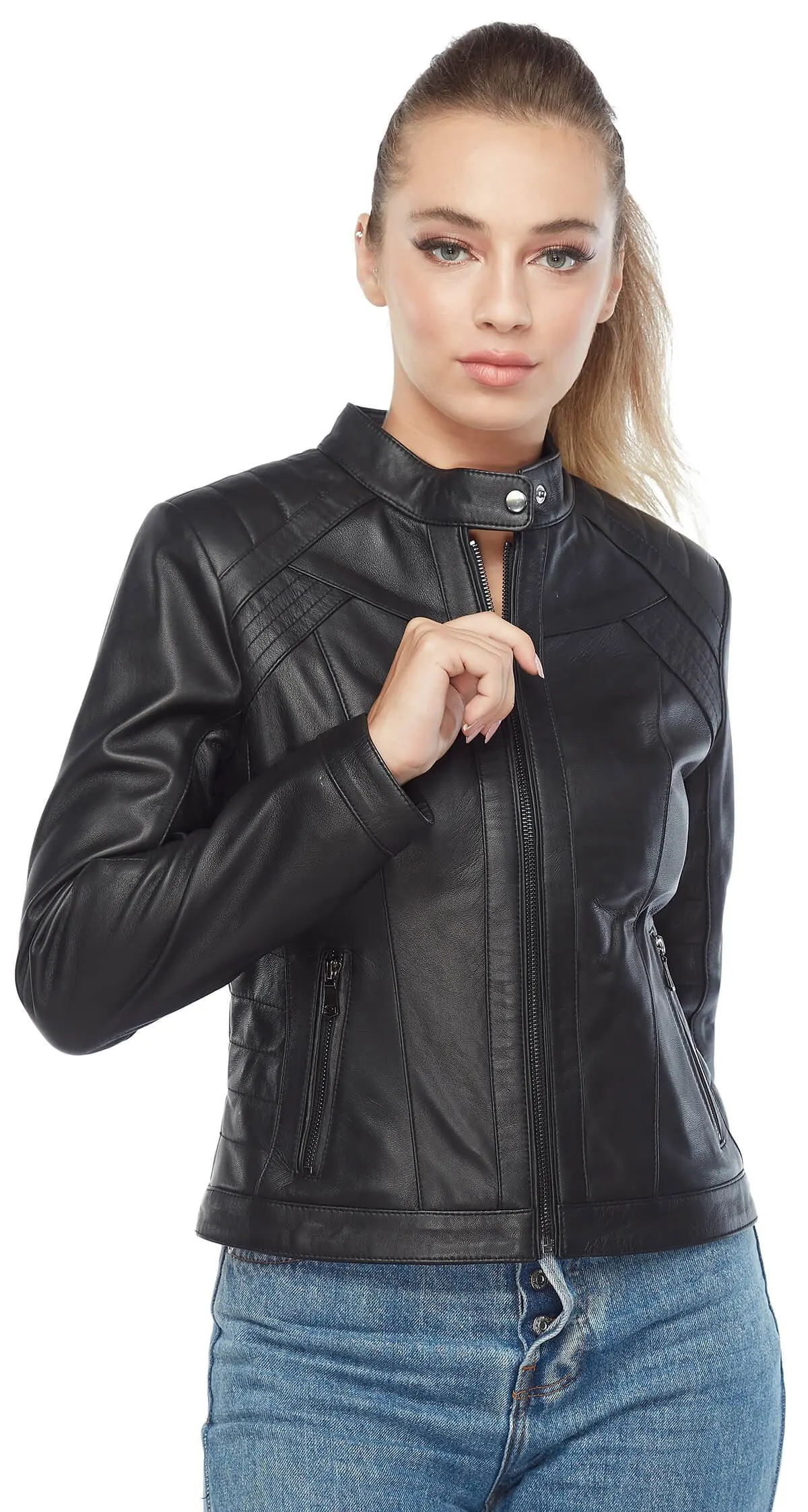 Женская куртка из натуральной овечьей шкуры Байкерская облегающая большого