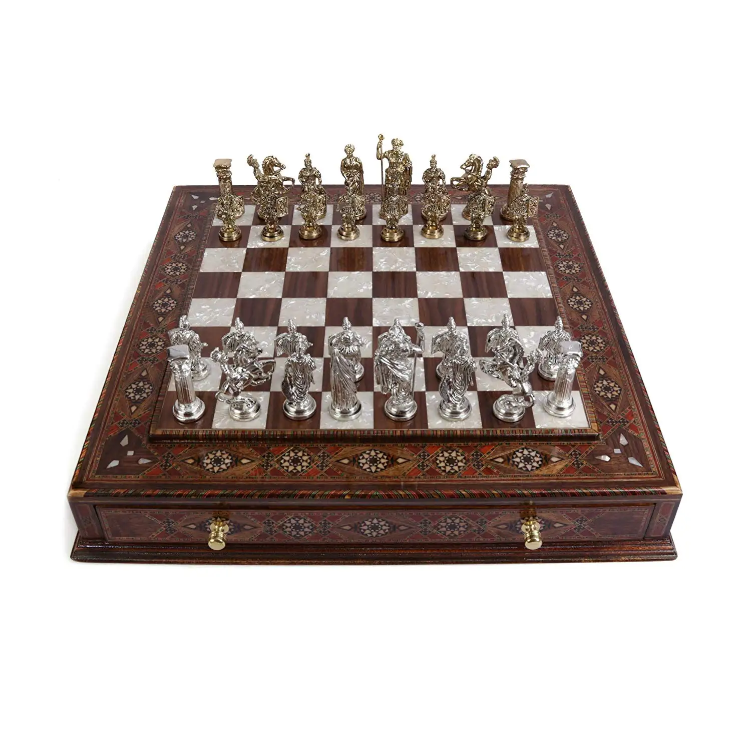 

Металлический Шахматный набор, римские фигурки, предметы ручной работы, натуральная твердая деревянная шахматная доска, оригинальная жемч...