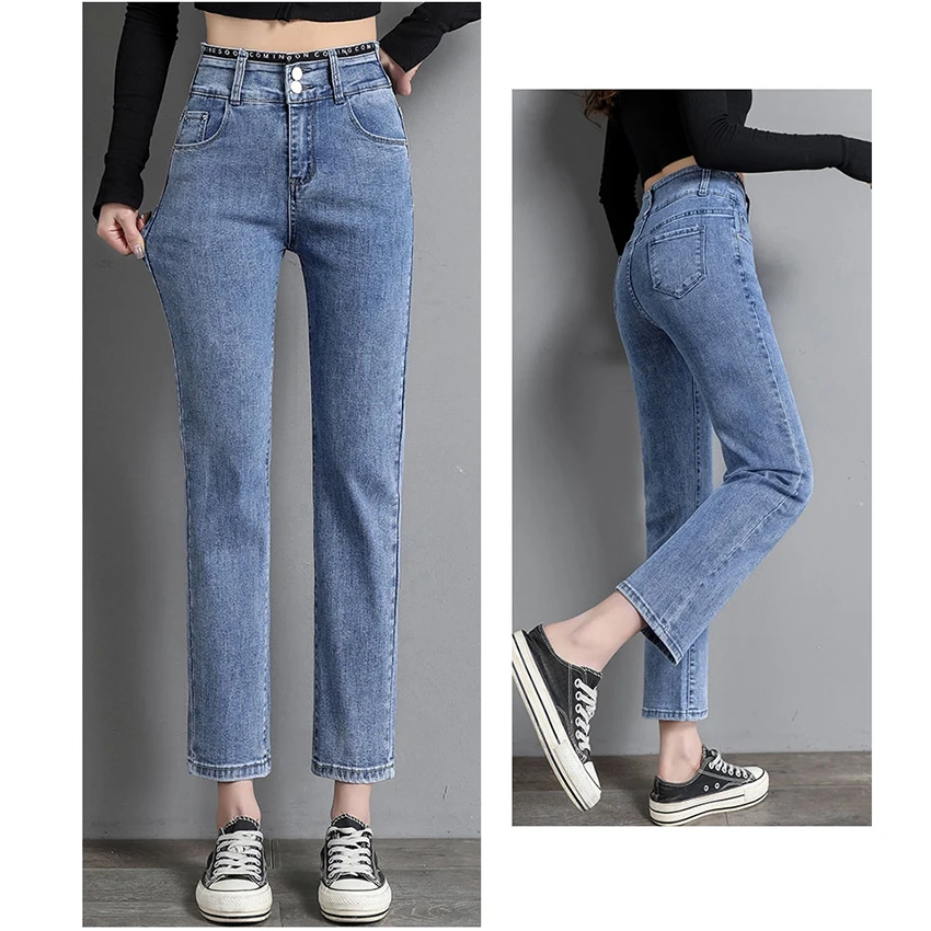 

Slim women's straight-leg jeans high waist cropped trousers