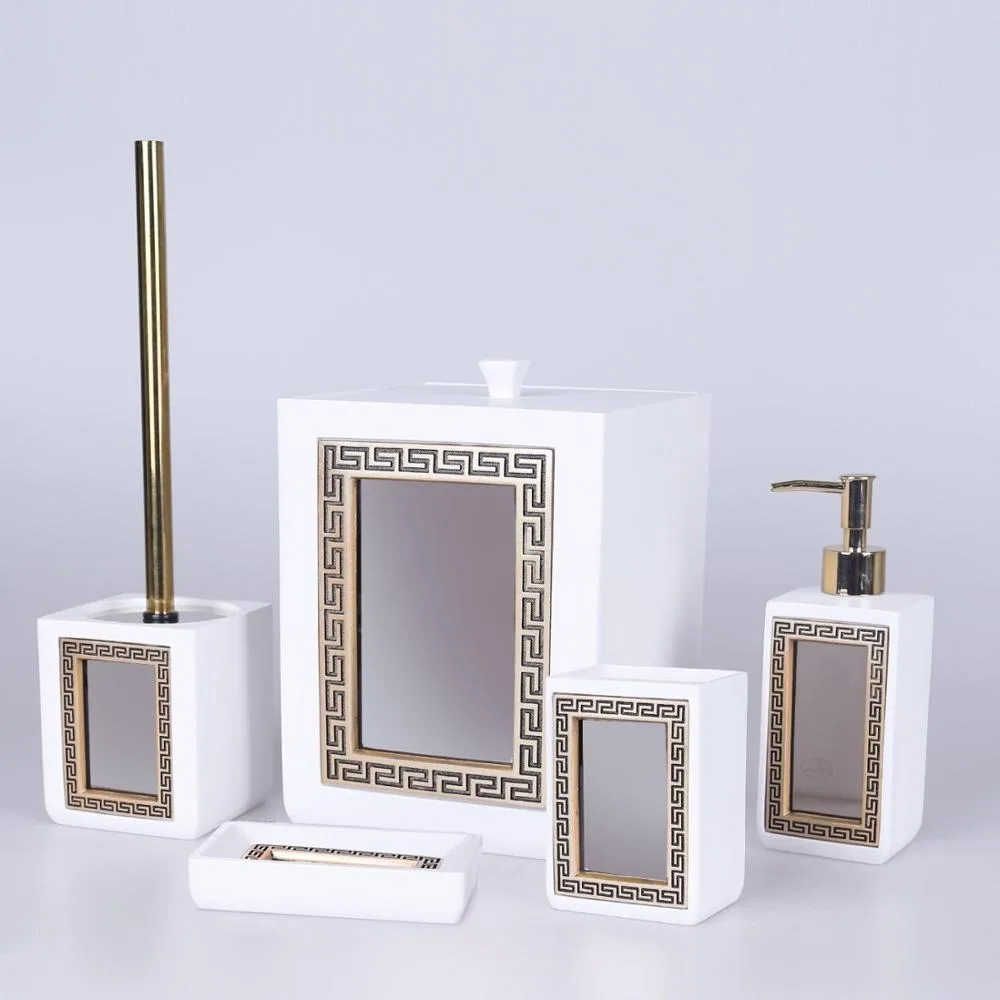 

Bathroom Accessories 5 Pieces Bathroom Set Resistant Resin Material Soap Dispenser Trash Can Luxury 2020 Mirror Model