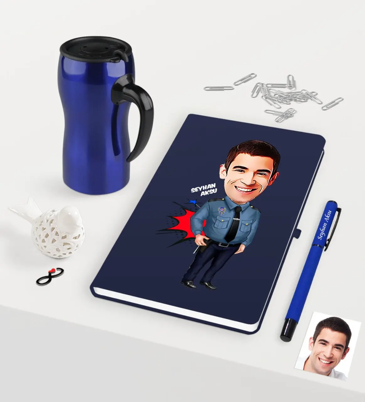 

Personalized Mr Polis Caricature Of Navy Blue Notebook Pen Thermos Mug set-3