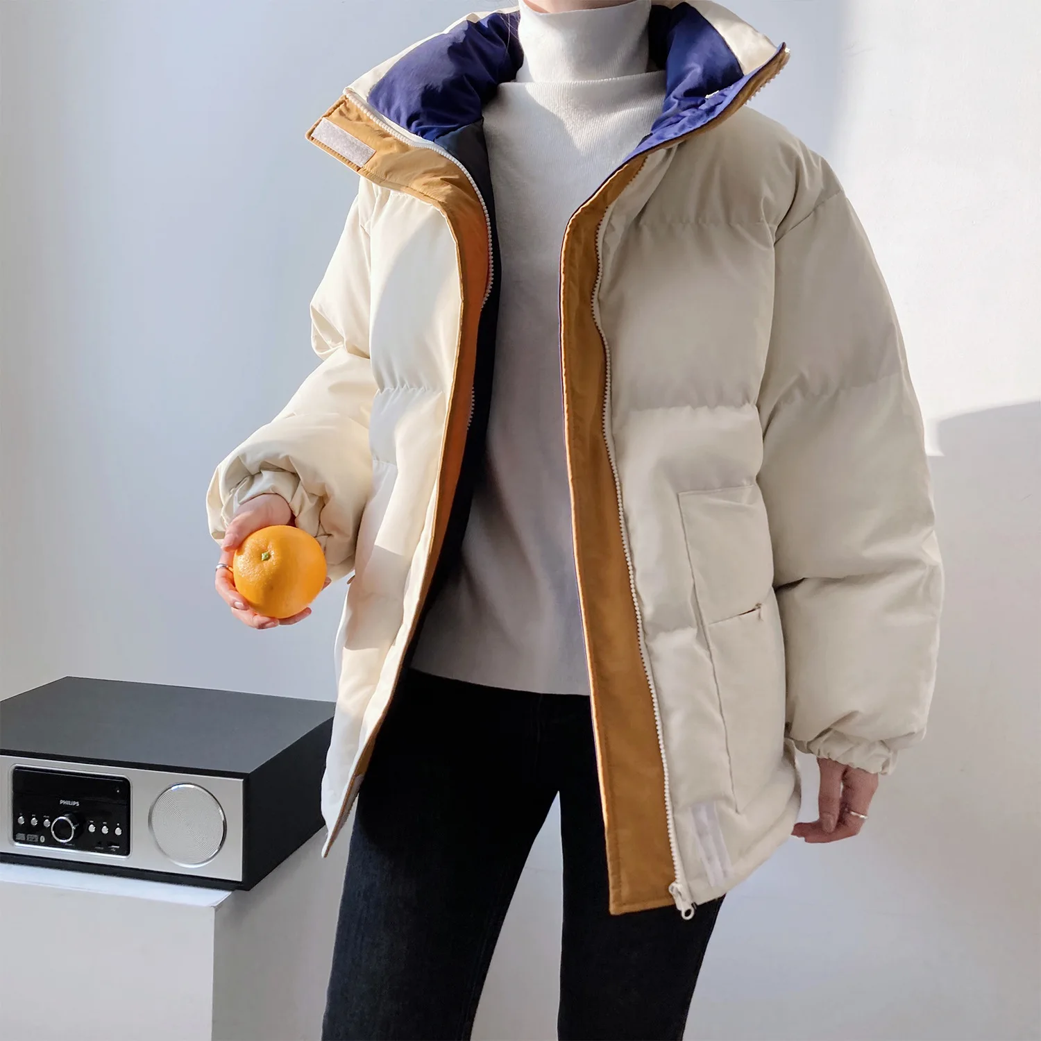 

Obrix Warm Loose Female Cool Modern Down Jacket Mandarin Collar Zipper Pockets White Comfy Outerwear For Women