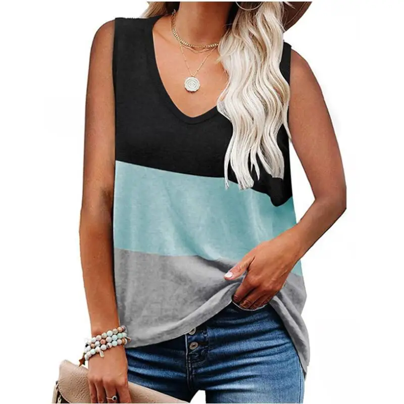 

Summer Sleeveless Shirt Women Color Block Printed V-neck Casual Loose Tank Tops Patchwork Vest Pullovers female Clothing