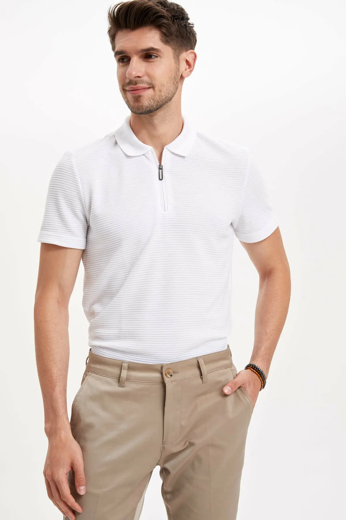 Мужская деловая рубашка поло DeFacto белая/желтая с короткими рукавами на молнии