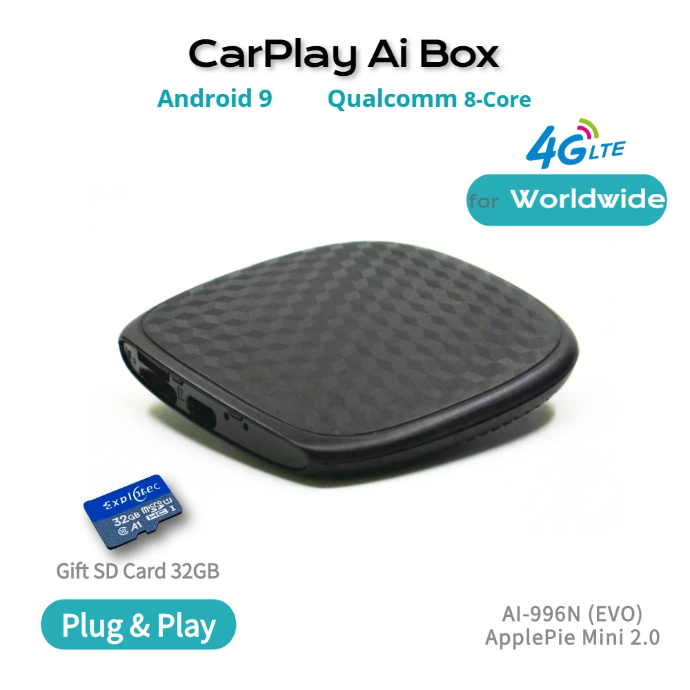 Applepie Mini 2.0 EVO Wireless CarPlay Ai Box US Canada 4G LTE Android 9 SIM Carbon Fiber Qualcomm 8 Core USB TV Youtube Netfix
