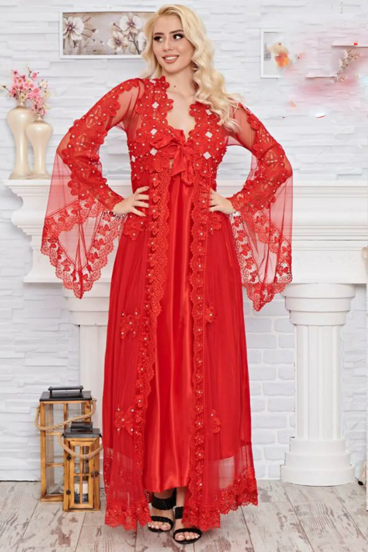 

Women's Nightgown Red Dressing Gown Suit Lace Long Silk Satin 2 Piece Standard Size Underwear Comfortable Bed Wear Everyday at