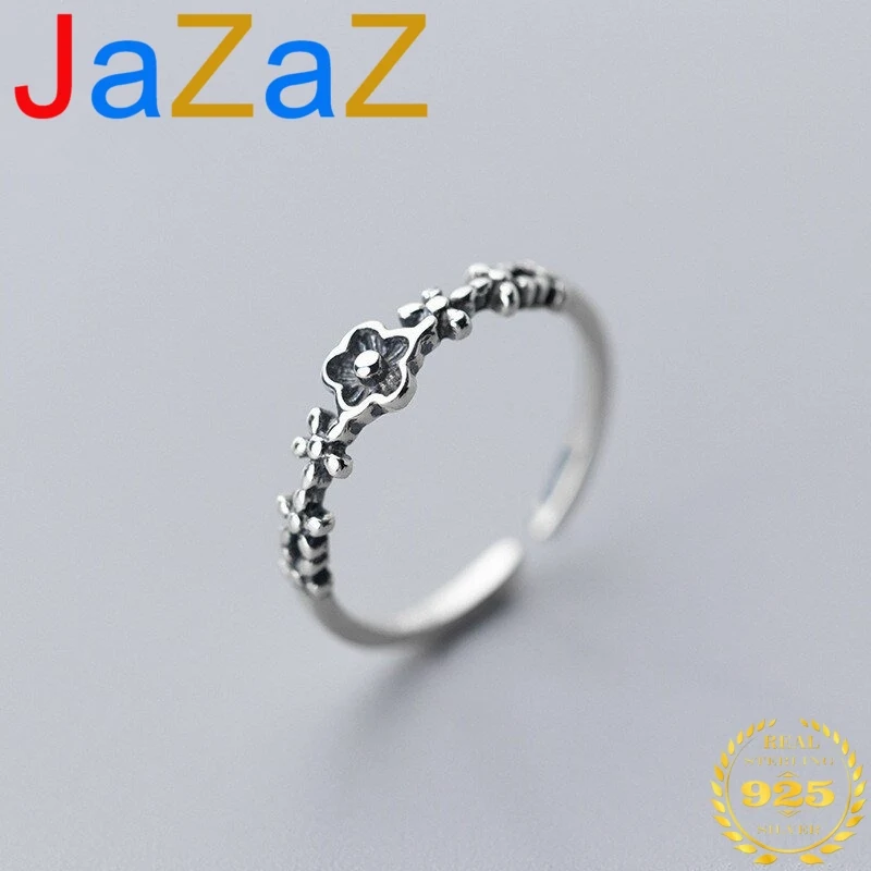 

A00055 Jazaz Genuine 100% 925 Sterling Silver Retro Sweet Five Petal Flower Adjustable Ring for Women Party Wedding Jewelry