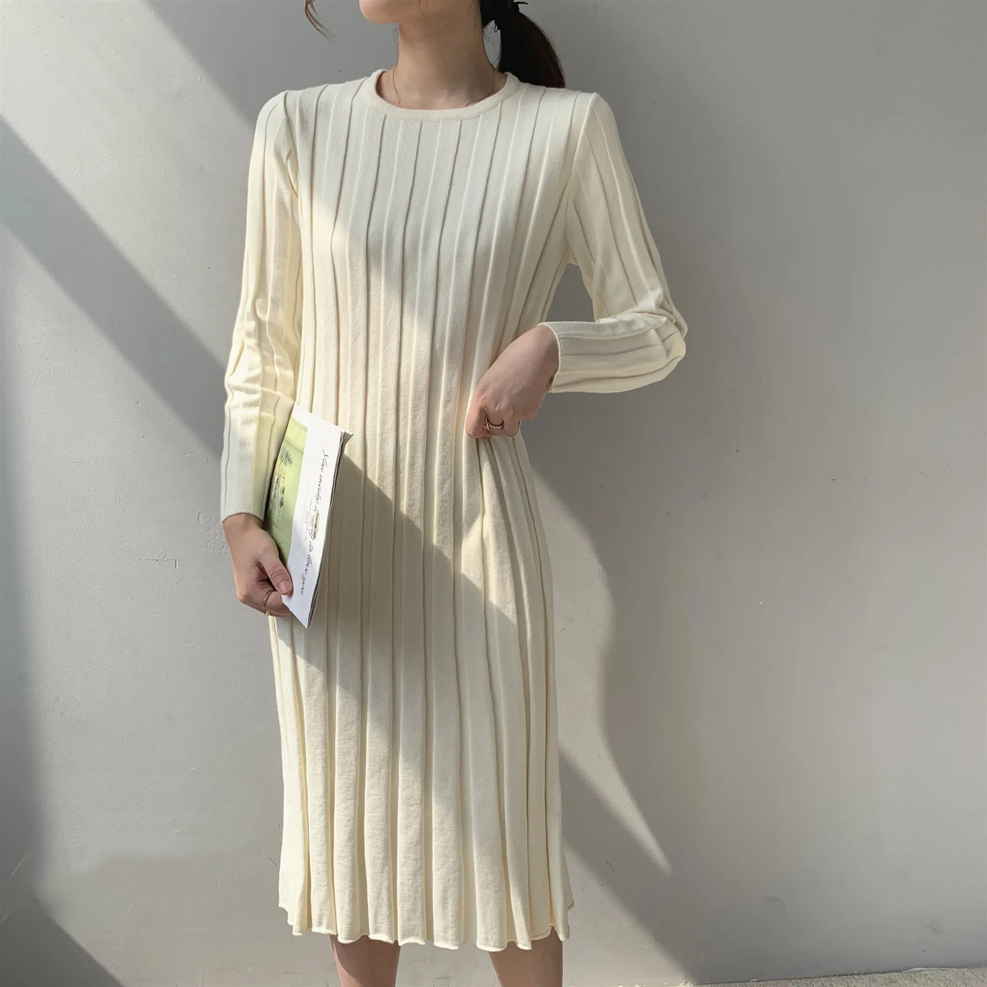 Obrix Повседневное Стиль длинный рукав Женское платье весна полосатый узор средней