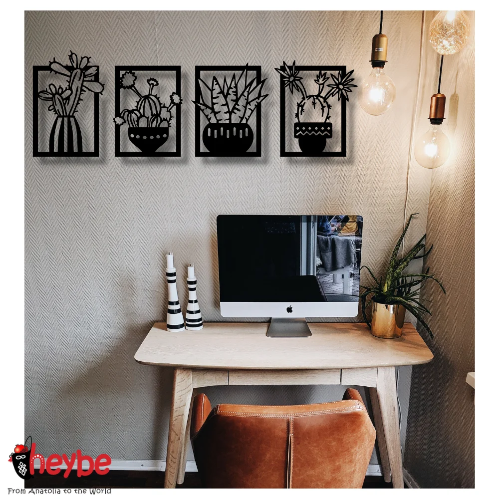 Деревянный набор из 4-х цветущих кактусов для украшения стены идеи подарка качества черный современный природа пустыня дом офис северный стиль спальня гостиная.