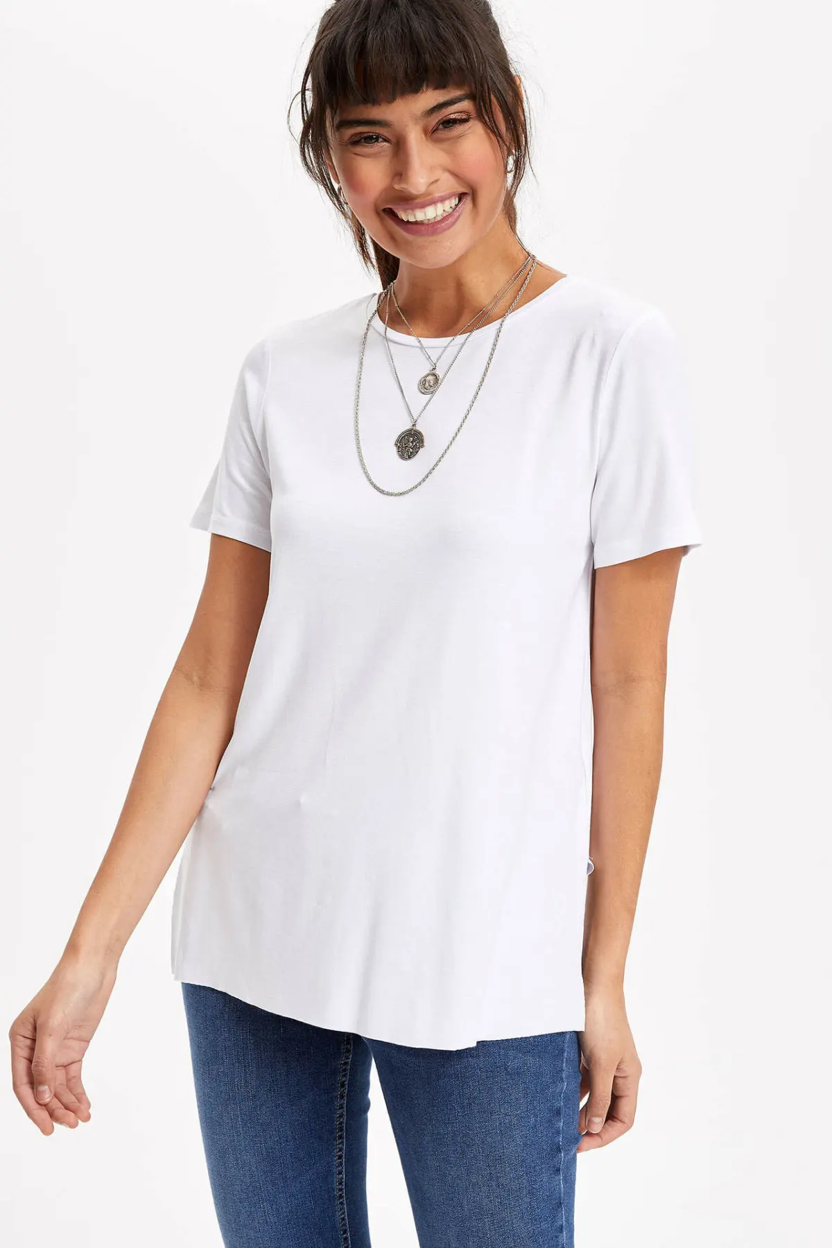 DeFacto женские летние черные длинные футболки повседневные с круглым вырезом