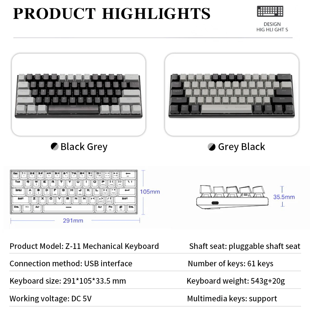 Мини Механическая игровая клавиатура 60% 61 клавиша горячая замена красная синяя Mx