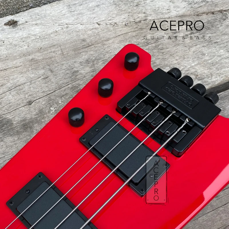 4-струнная красная бесголовая электрическая бас-гитара фингерборд из палисандра