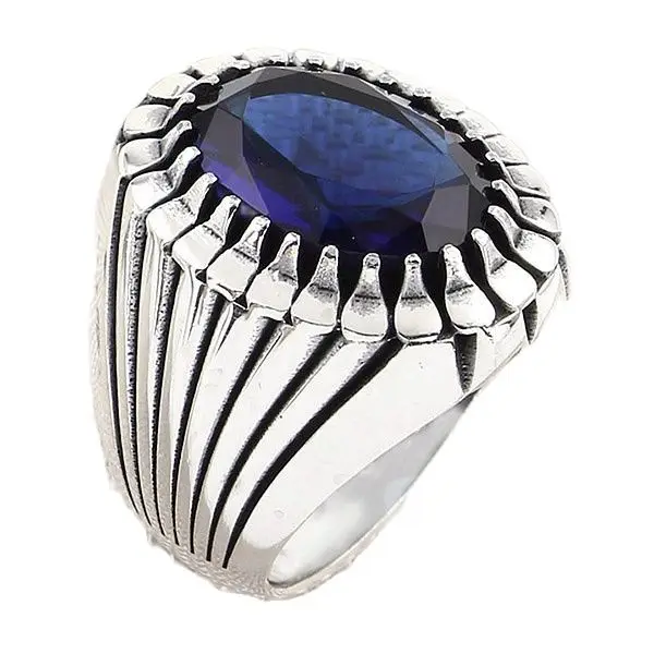 

Sterling Silver Mens Ring with Blue Zircon Gemstone and Symmetrical Motif More Stone Color Made in Turkey 925 Sterling Silver
